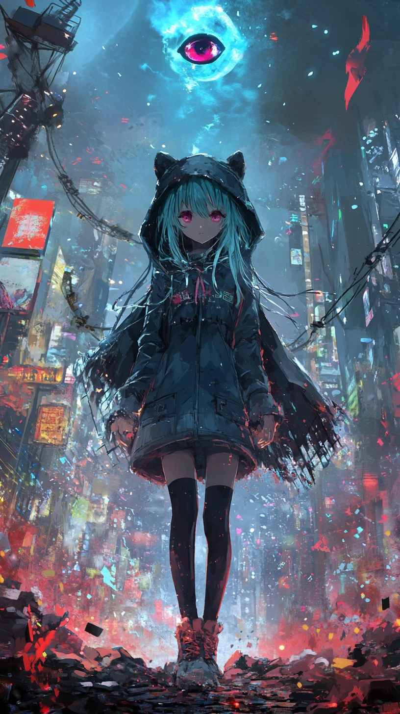 Scarred anime girl in blue hooded coat on stage