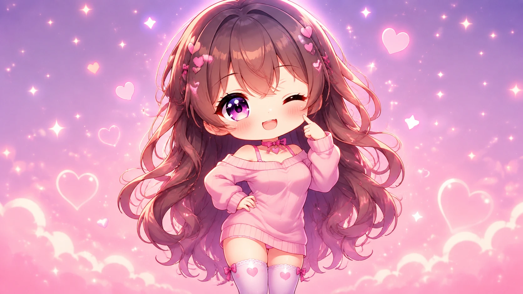 穿著粉彩粉紅服裝的俏皮Q版動畫少女