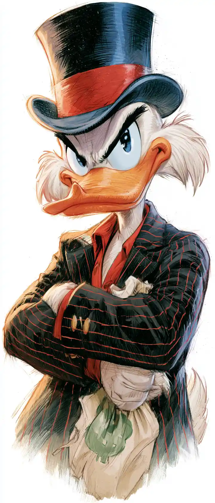 Cartoon-Gangster-Ente mit Geldsack auf weißem Hintergrund