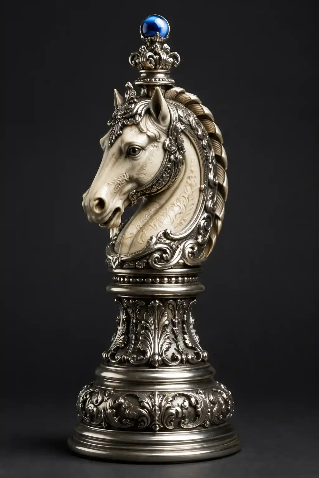 Caballo de ajedrez plateado ornamentado con detalle de gema azul