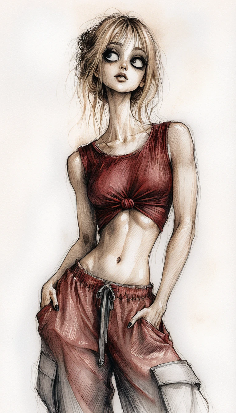 Mulher gótica olhando para cima em ilustração de mídia mista