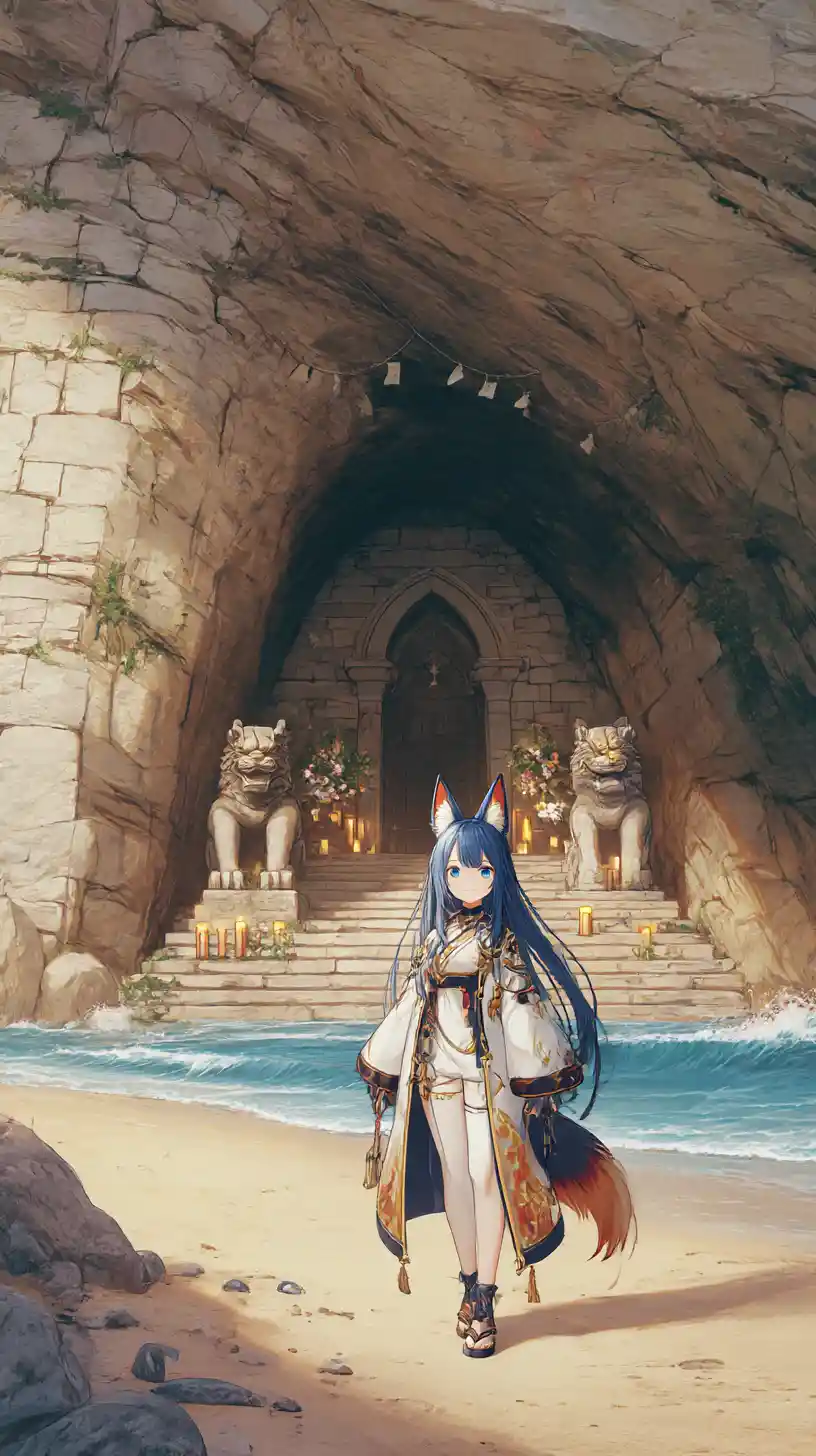 Fille d’anime joyeuse marchant sur la plage au coucher du soleil