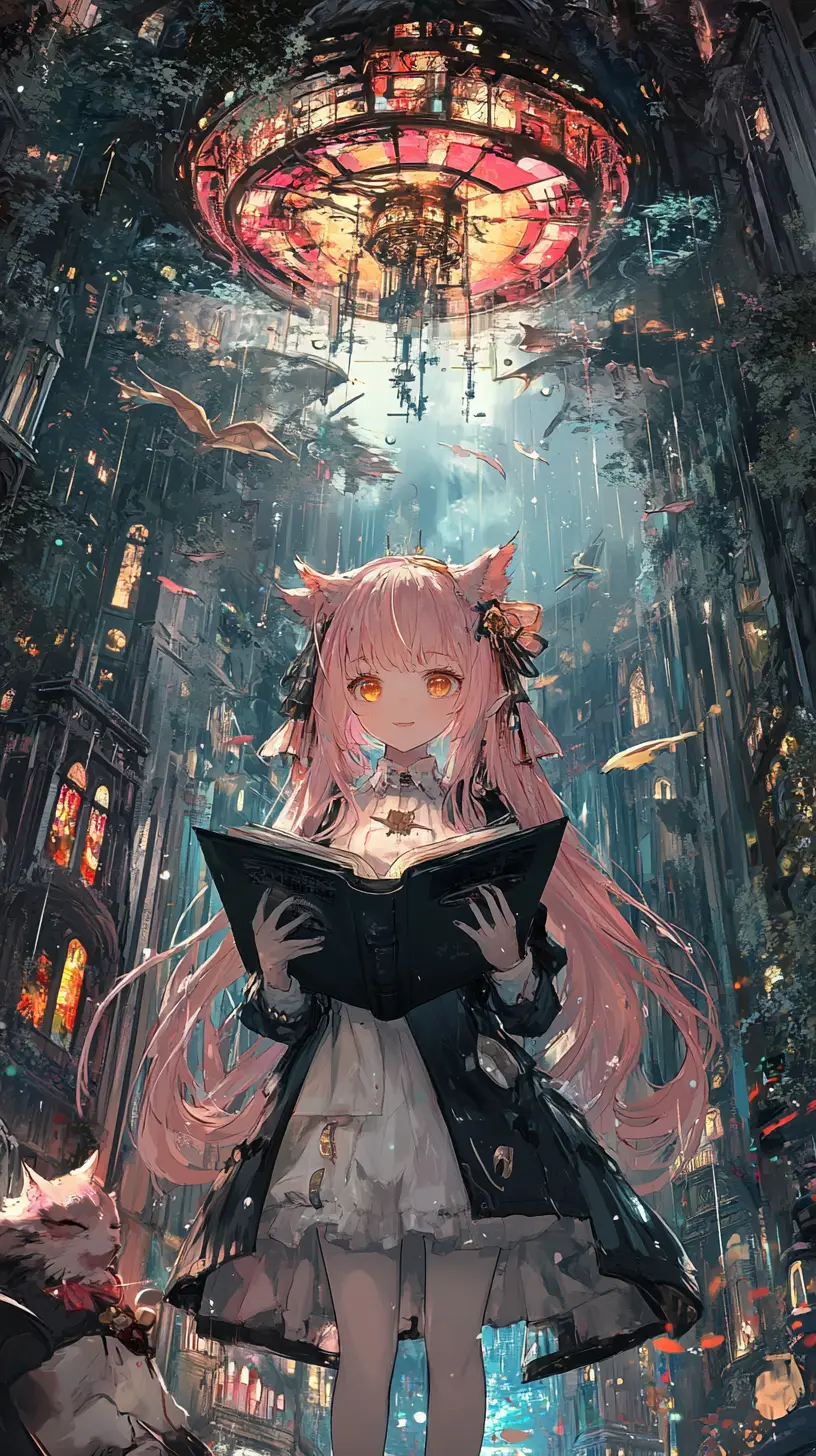 Anime girl reading a book between life and ruin worlds