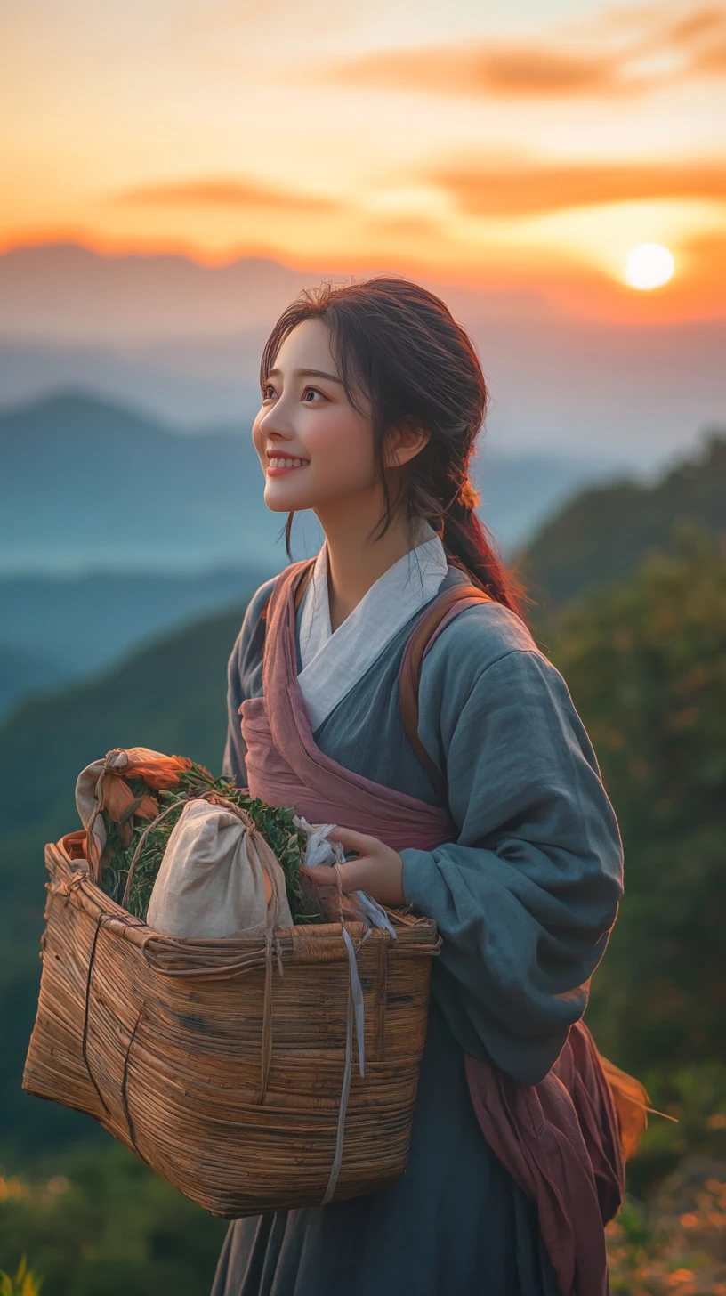 夕暮れの山で薬草を集める古風なアニメ風の女性