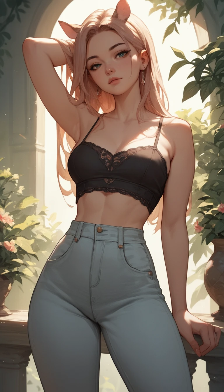 Close-up de cowgirl em estilo anime com blusa aberta e calça
