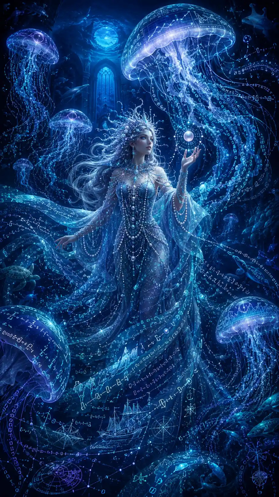 Pearl sorceress with data jellyfish in moonlit ocean