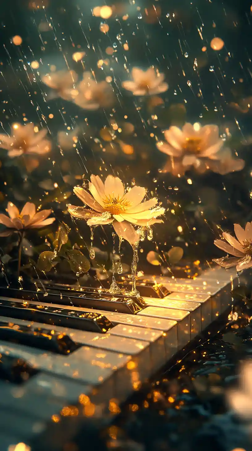 Scena fantasy piovosa con tasti di pianoforte e fiori musicali