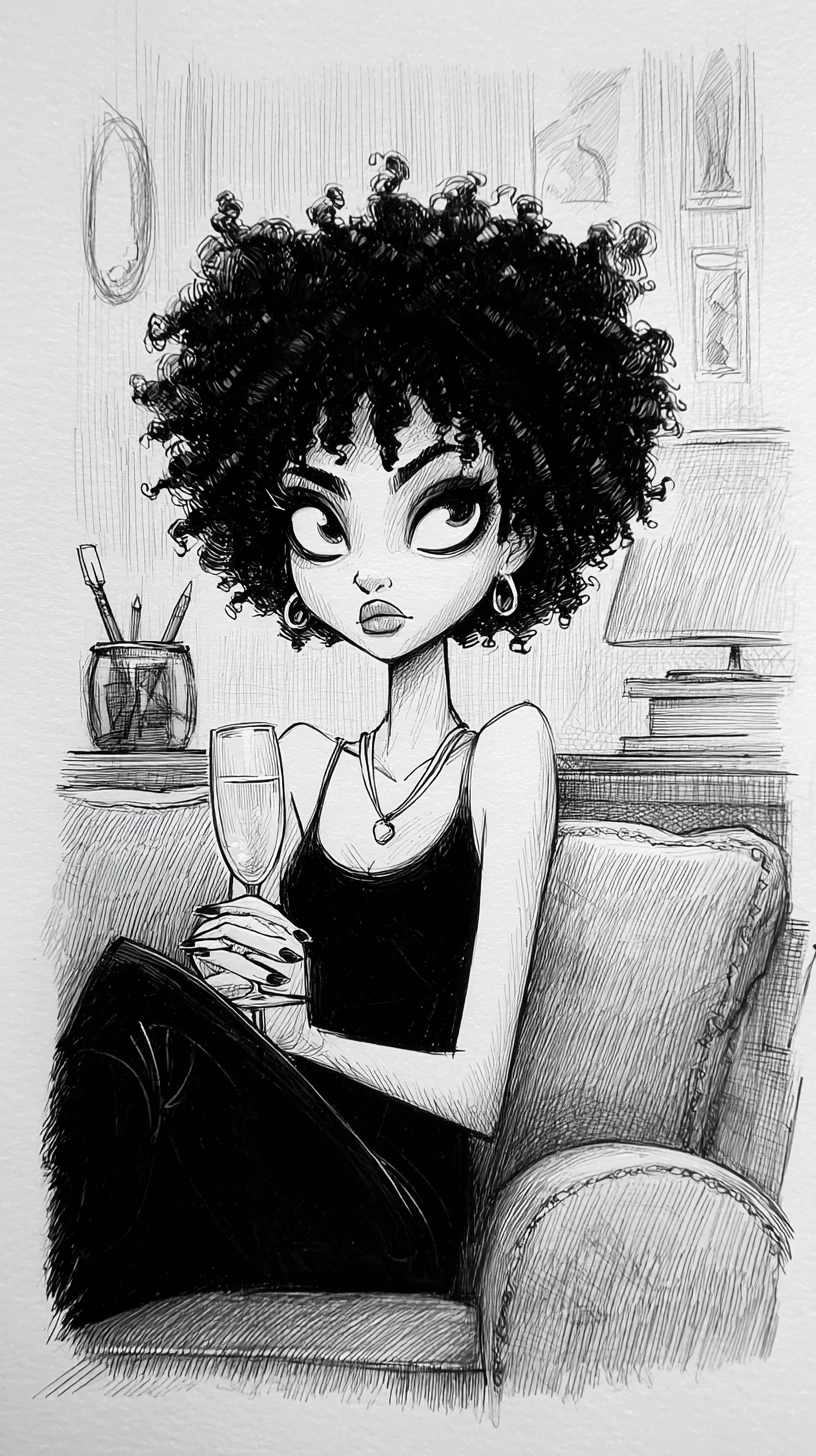 Mulher relaxada em sofá preto em ilustração melancólica a tinta