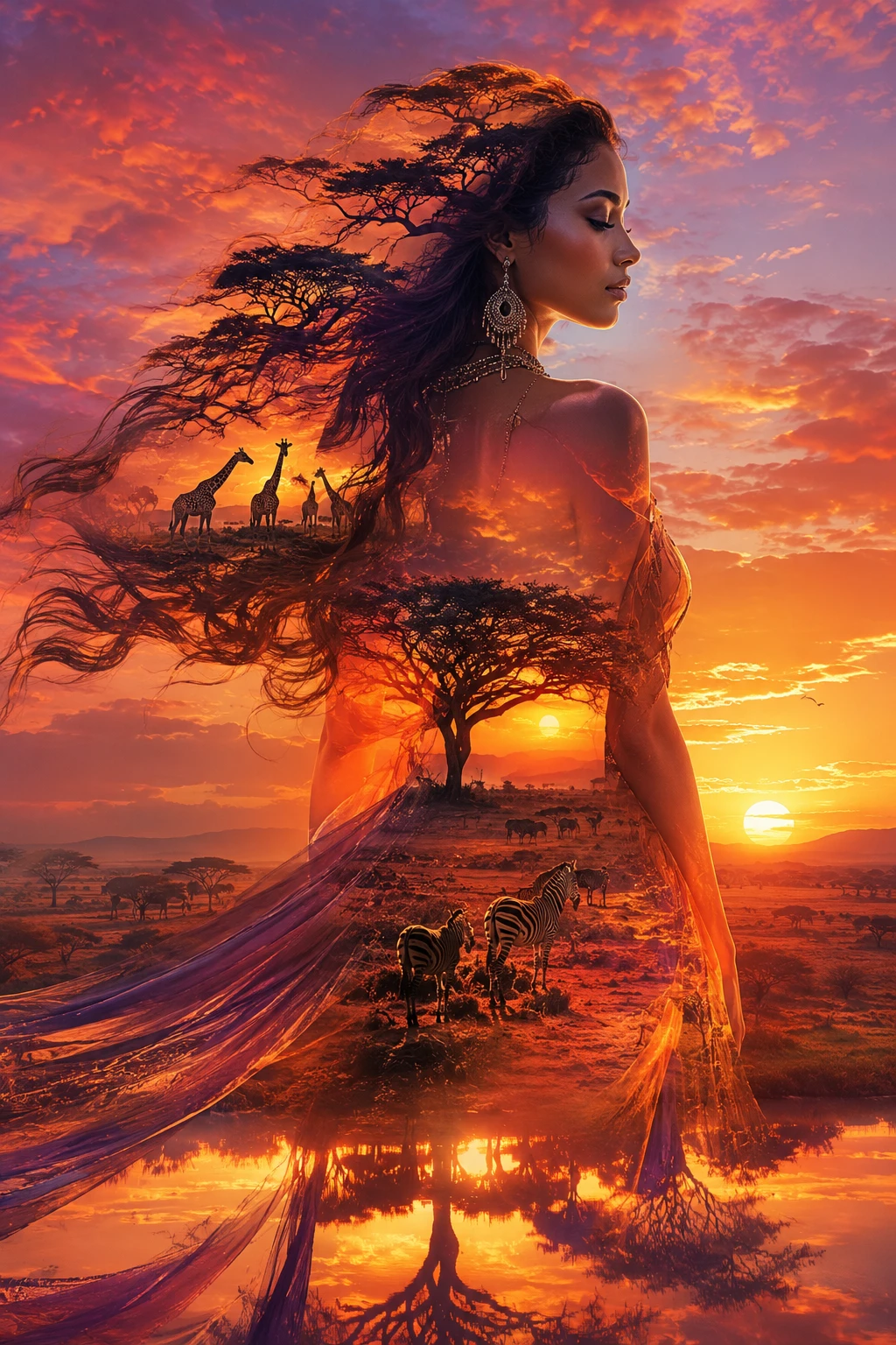 Mulher mística se fundindo com um pôr do sol luminoso na Serengeti