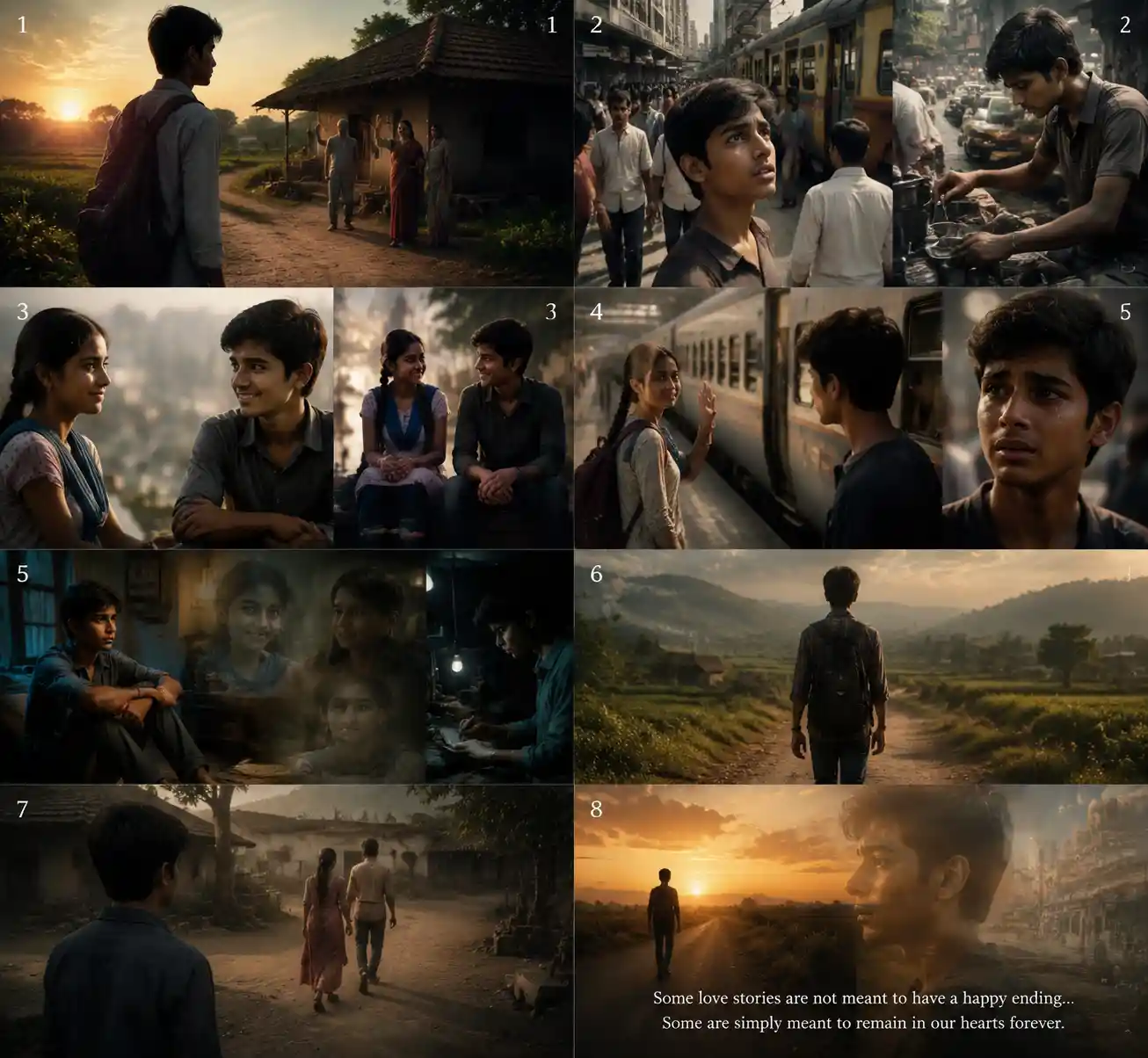 Village boy saying goodbye to family at sunrise