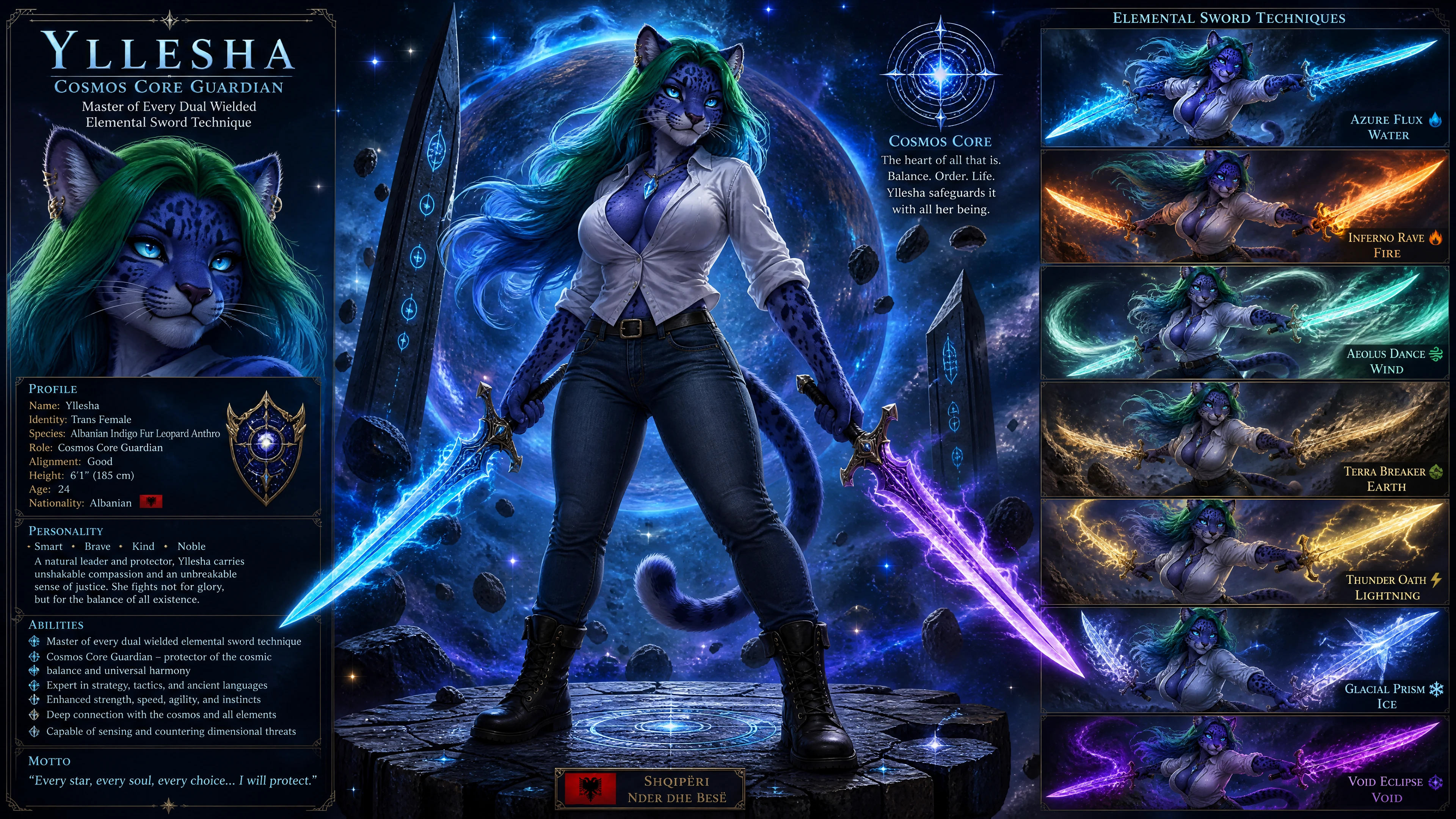 Indigo Leopard Anthro Woman With Elemental Swords