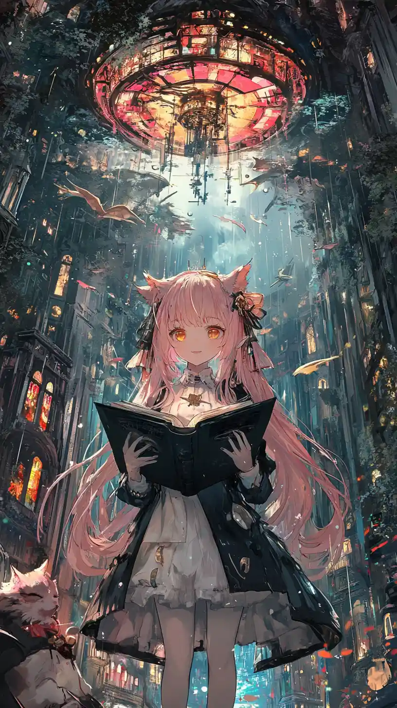 Anime girl reading a book between life and ruin worlds