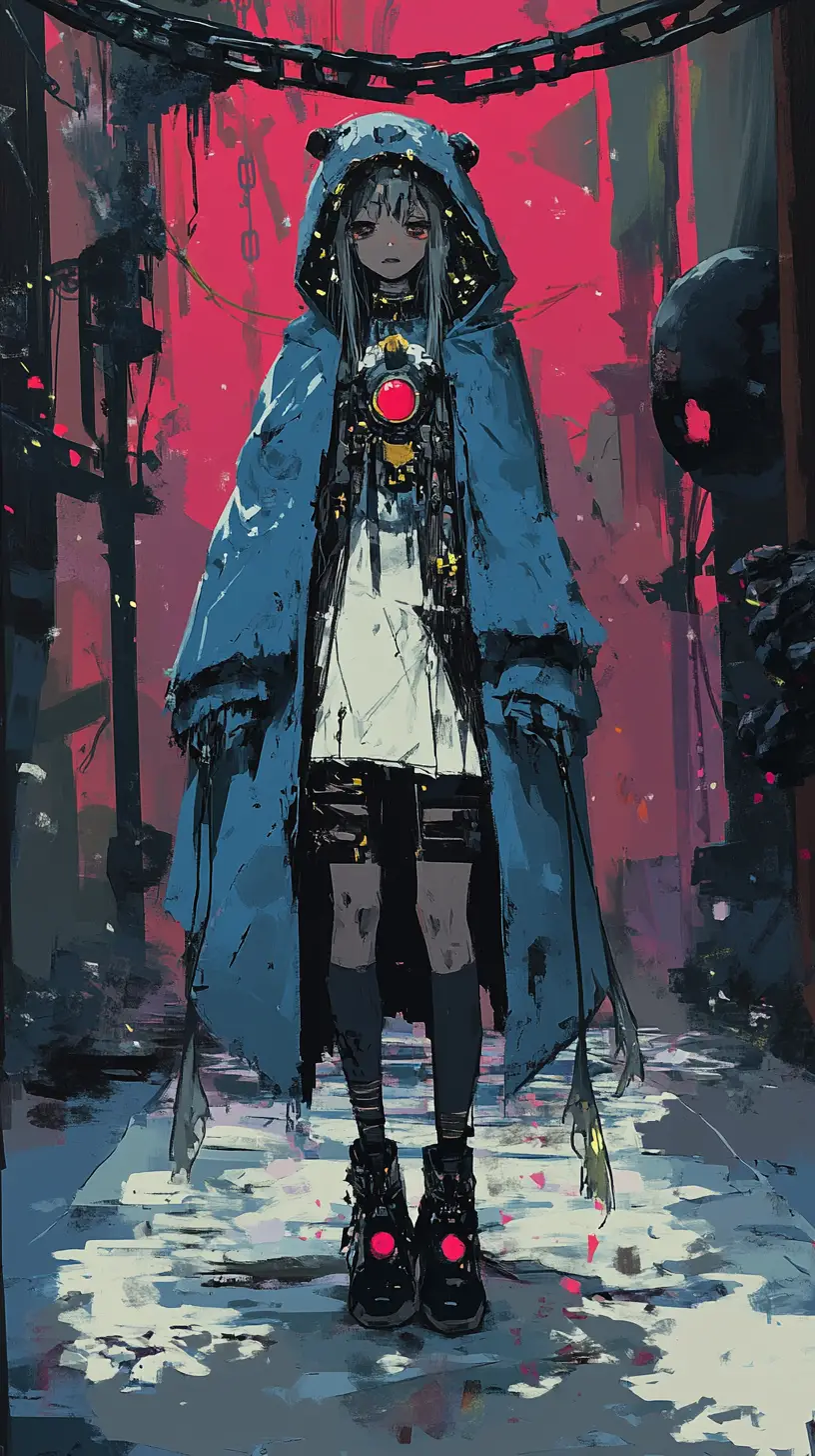 Anime girl in blue hooded coat with scarred golden eyes
