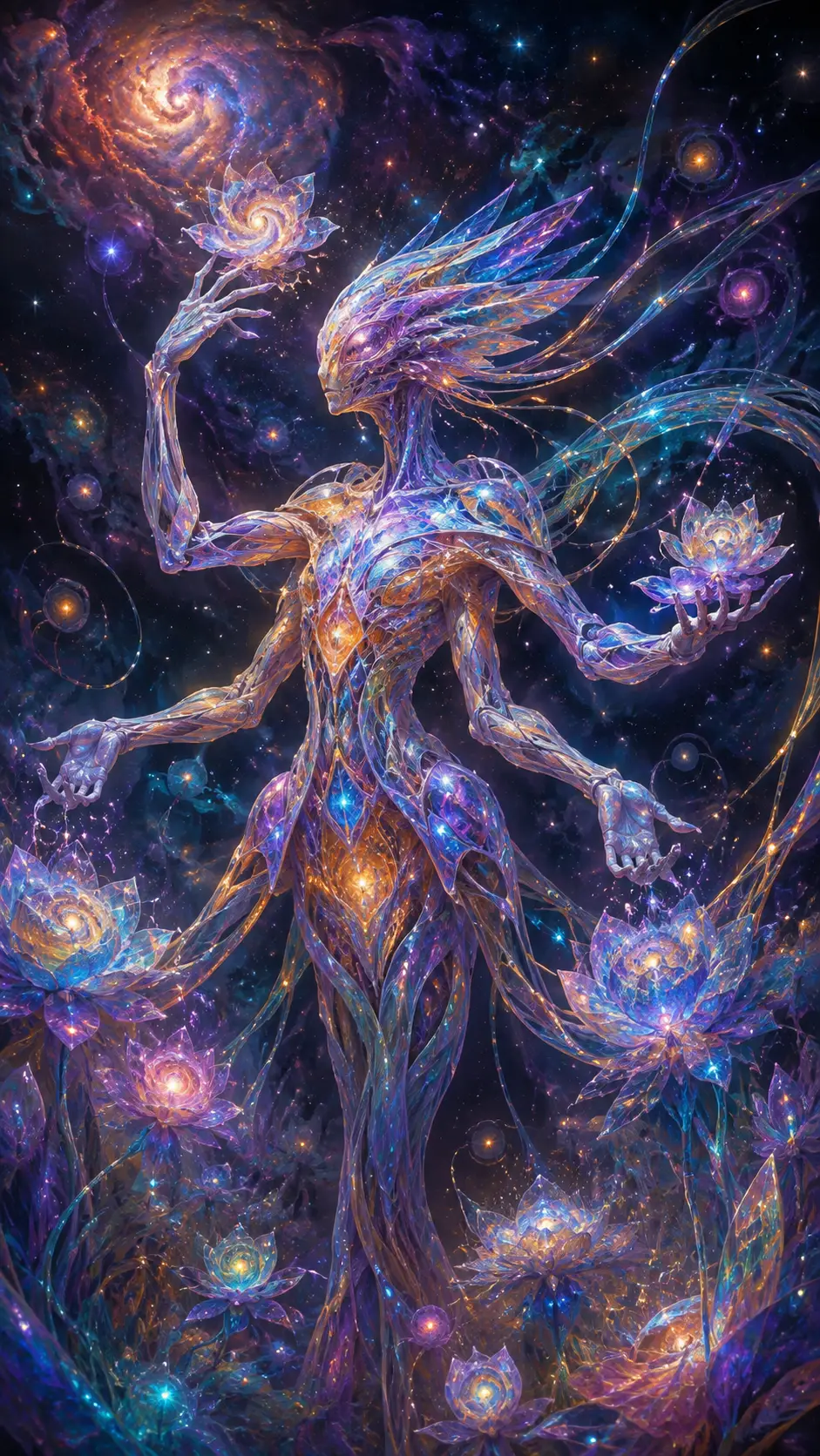 咲き誇る星雲の花を世話するガラスのような異星存在