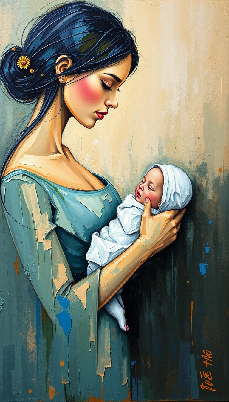 Pintura abstrata de família com pais olhando carinhosamente para o bebê
