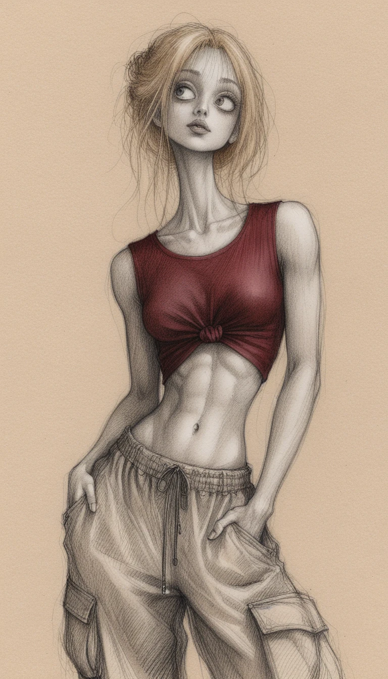 Mulher gótica olhando para cima em ilustração mista texturizada