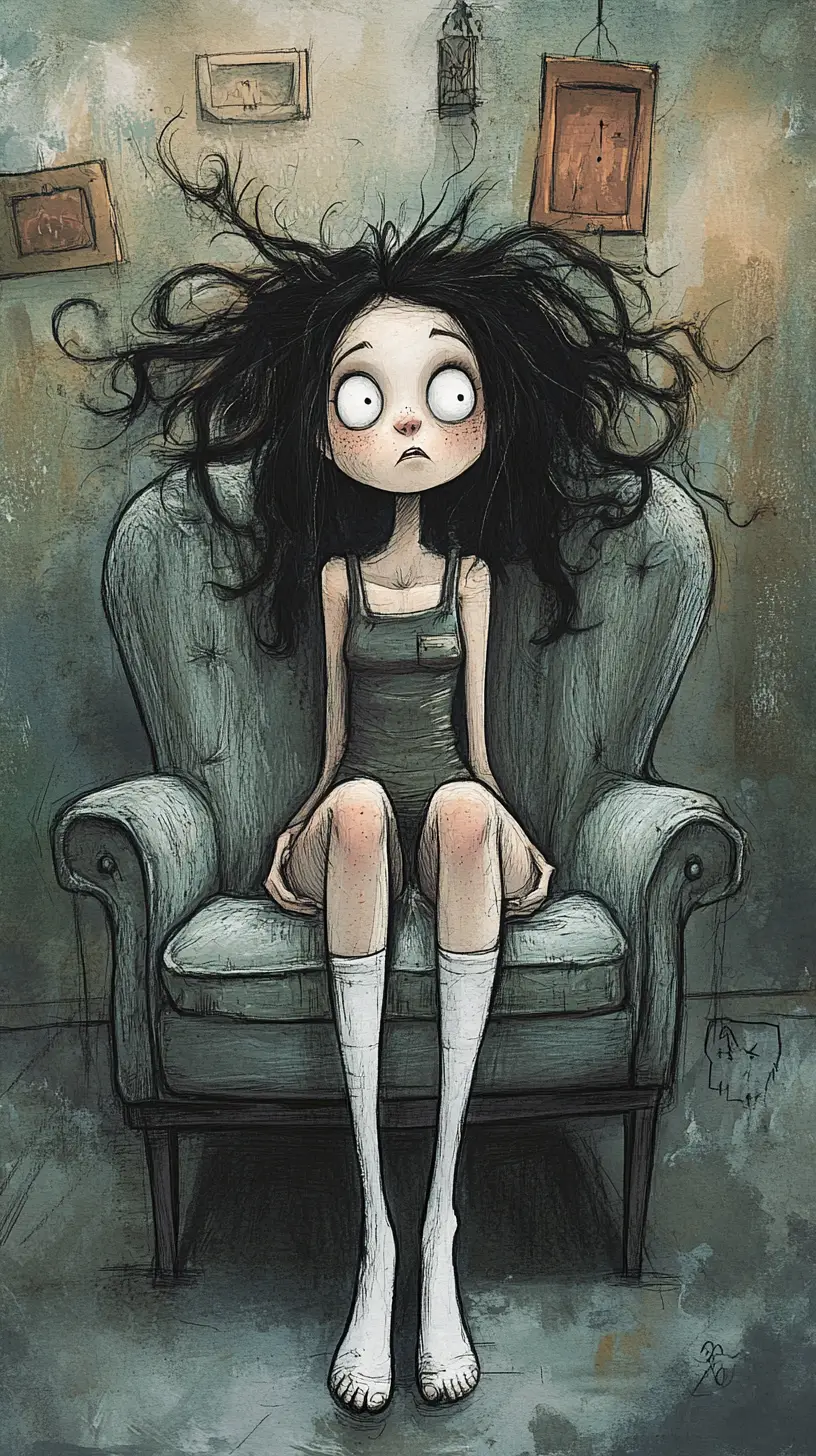 Young woman in modern chair ink and pencil illustration