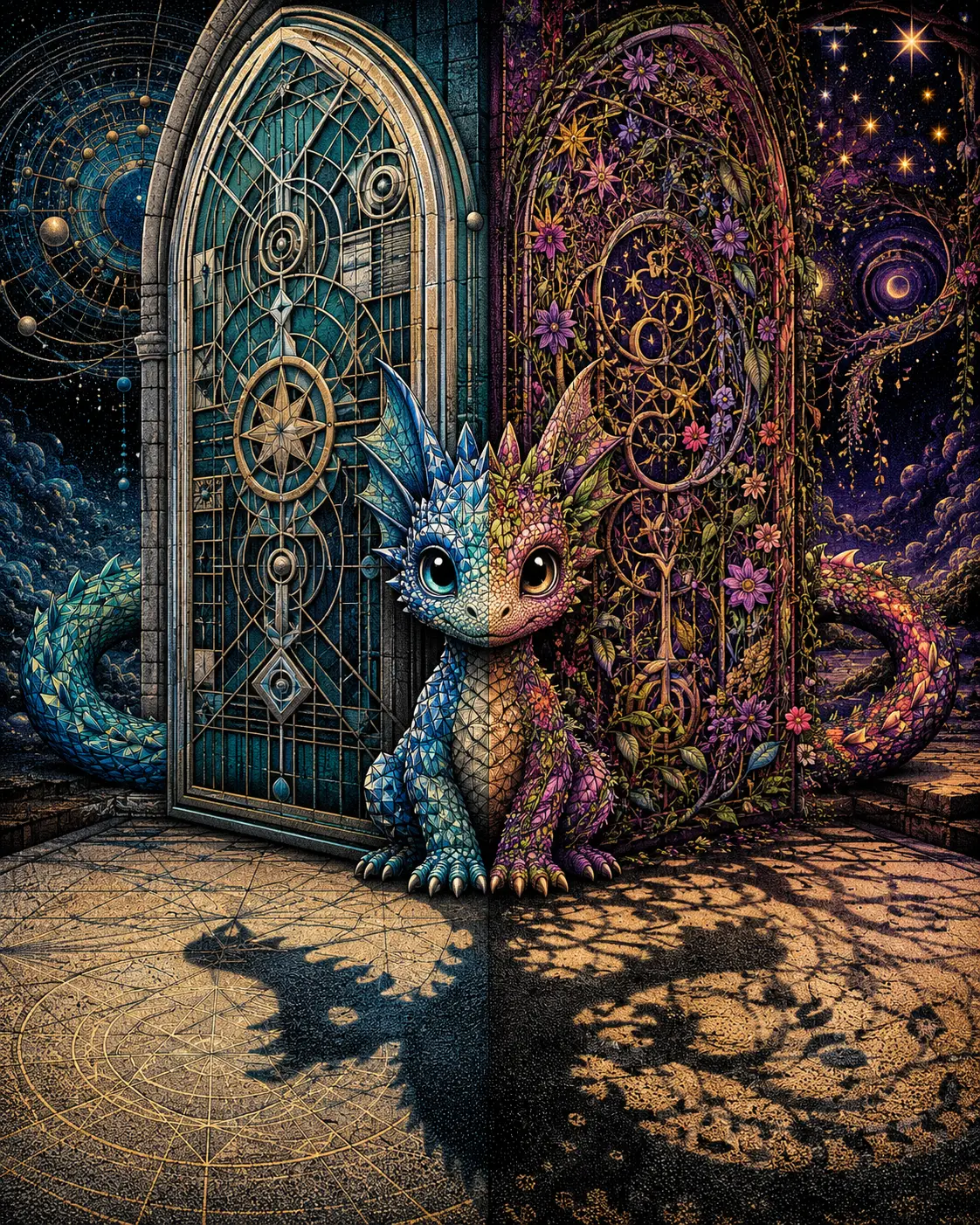 Baby dragon between twin doors of fantasy and geometry