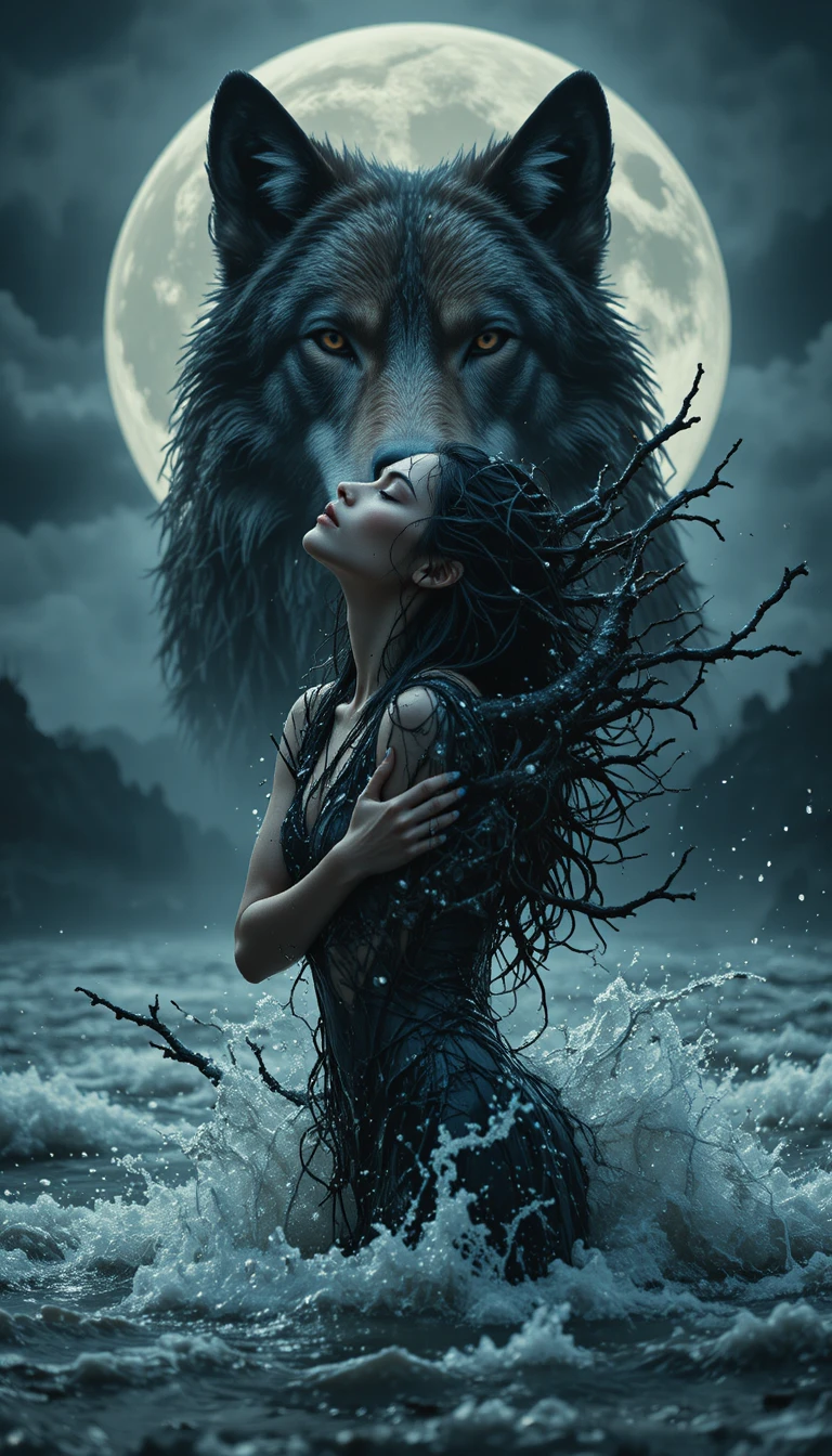 Mulher surreal em águas tempestuosas sob um lobo imponente