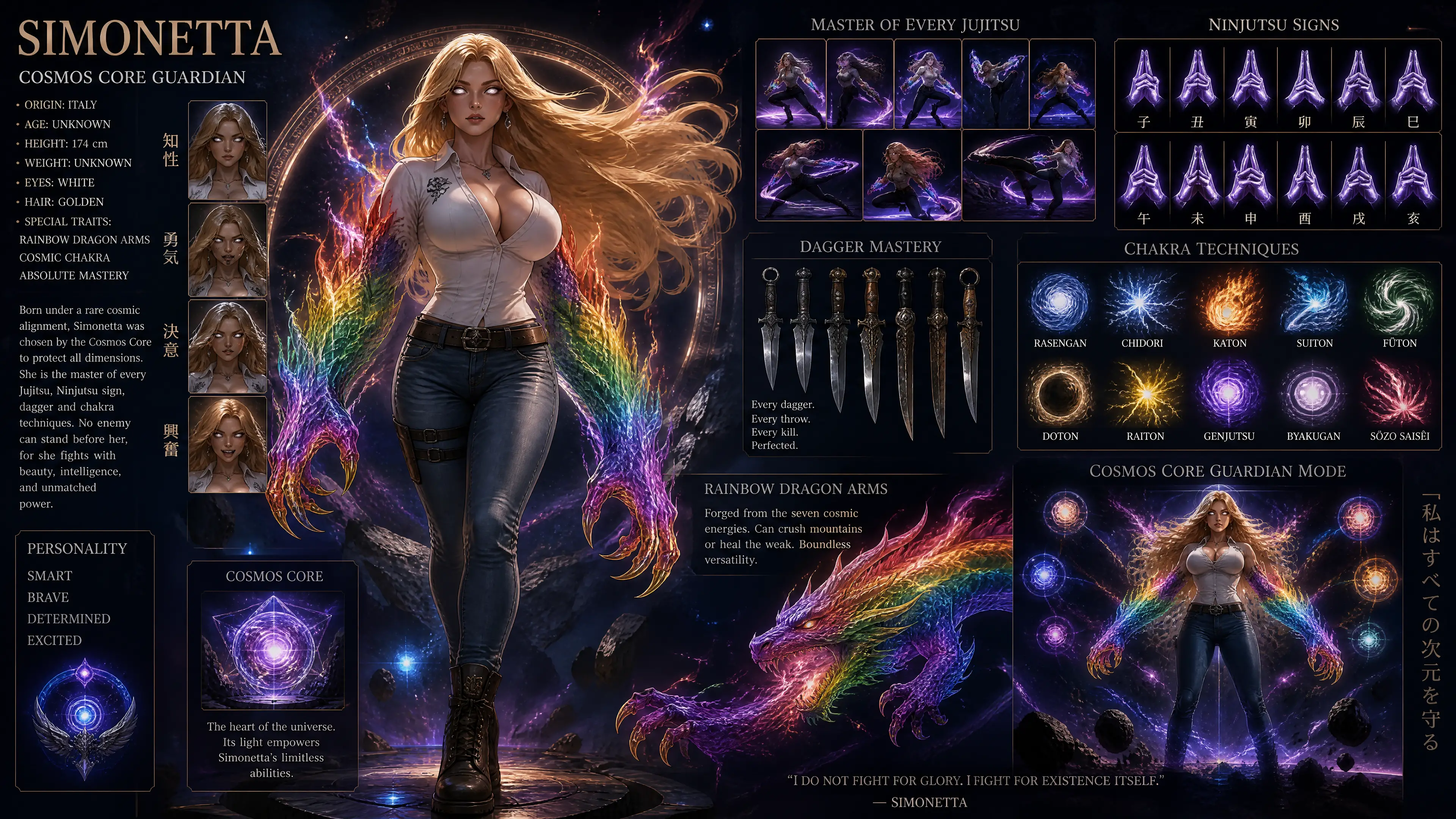 Cosmic guardian woman with rainbow dragon arms in space