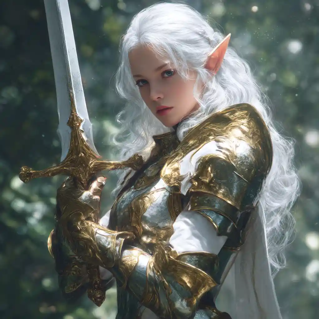 Elf paladin woman in golden armor with magical sword