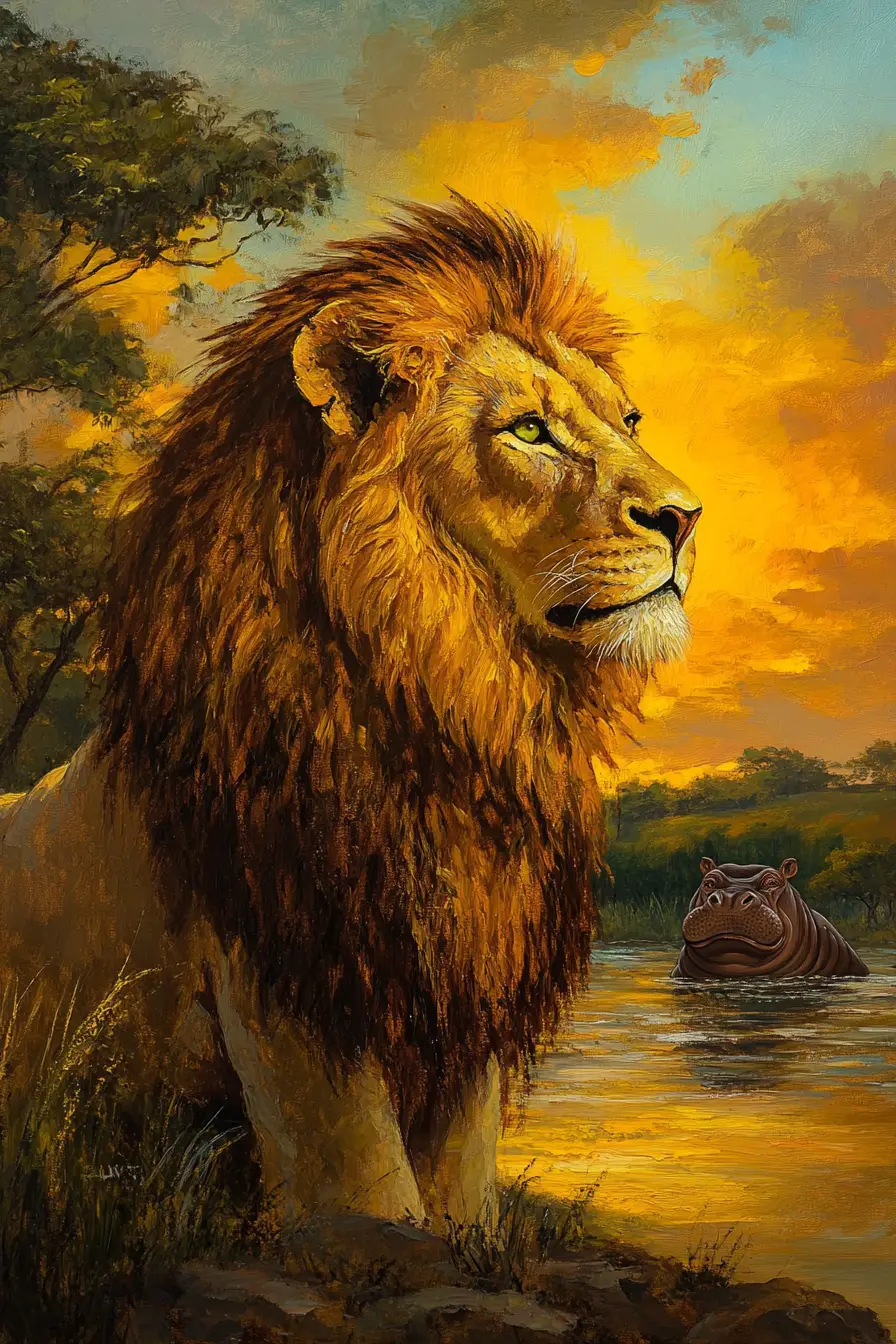 Majestätischer Löwe am Flussufer im warmen Licht des Sonnenuntergangs