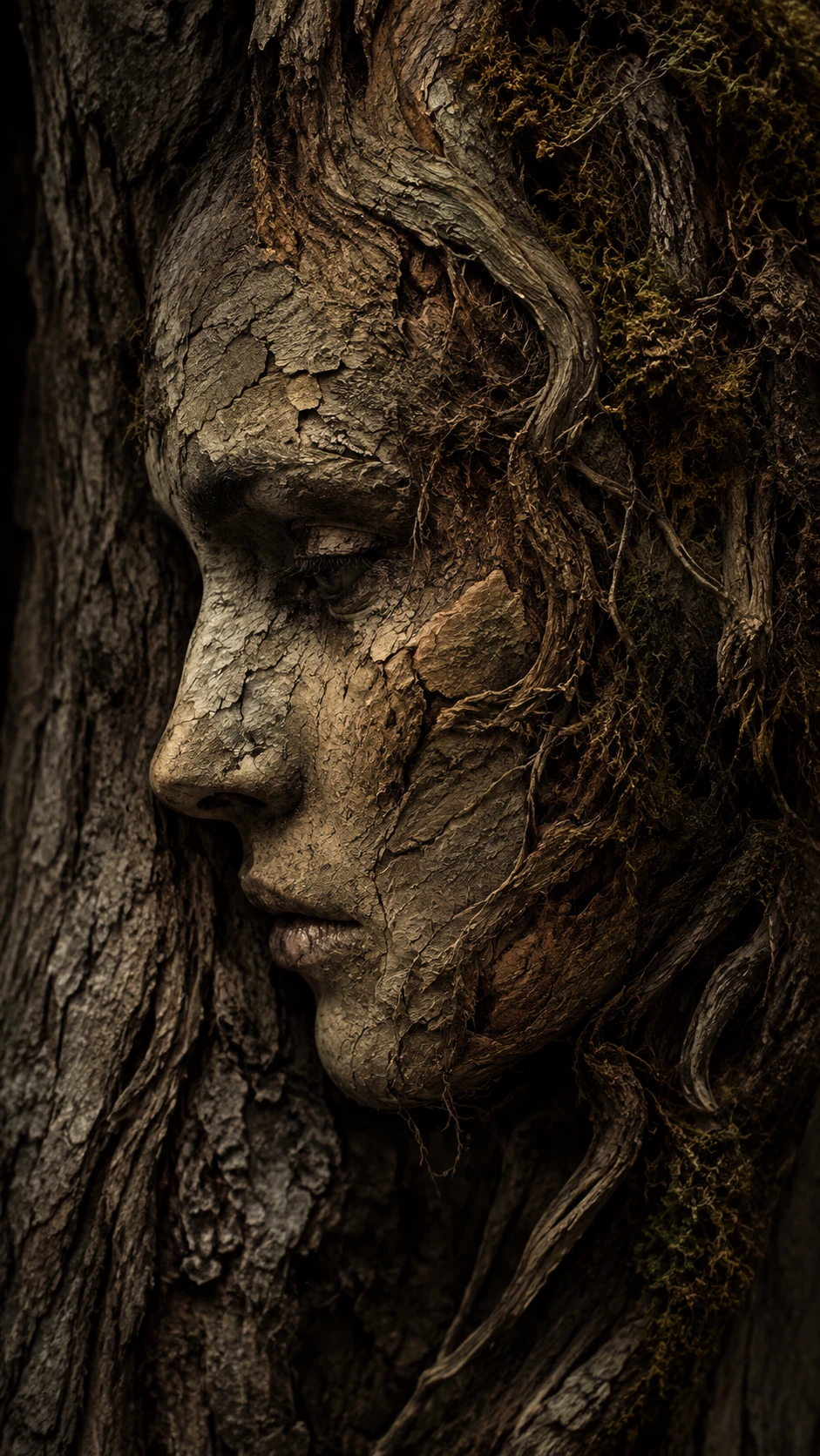 Rosto feminino surreal surgindo de um tronco de árvore ancestral