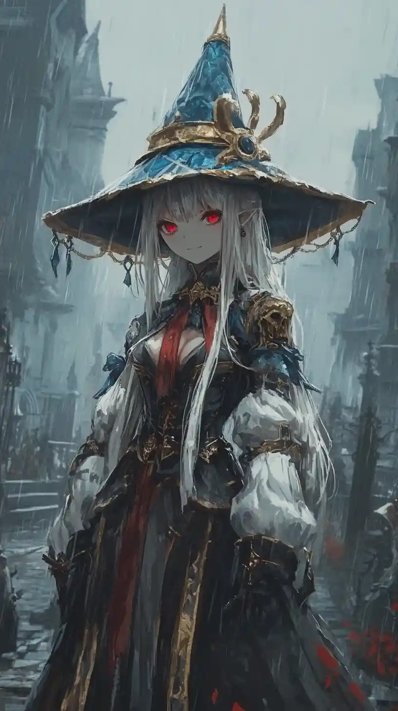 Old columned building by cemetery in rainy anime scene