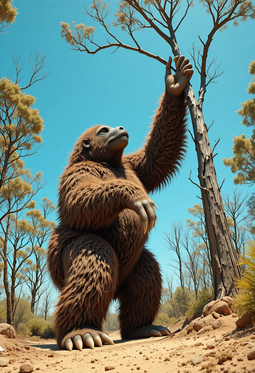 Giant prehistoric sloth reaching for branches in dry sunlight