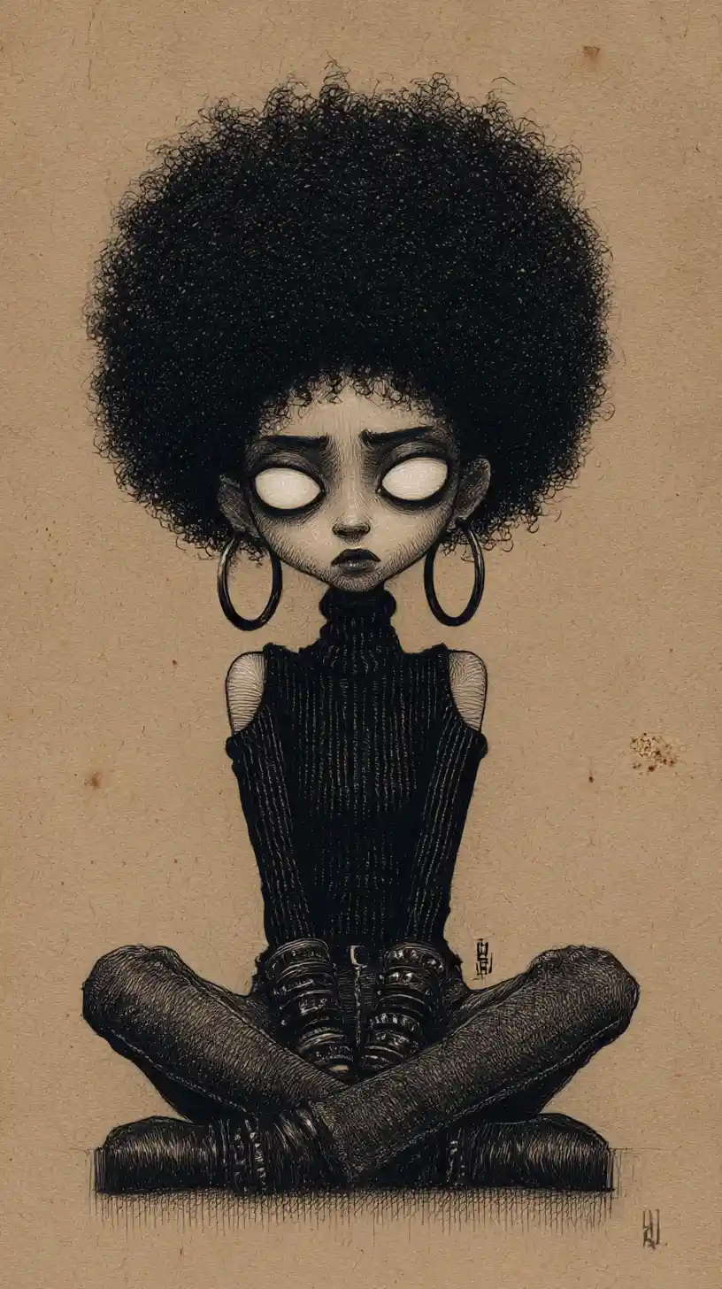 Desenho gótico de uma mulher sentada com grandes olhos brancos