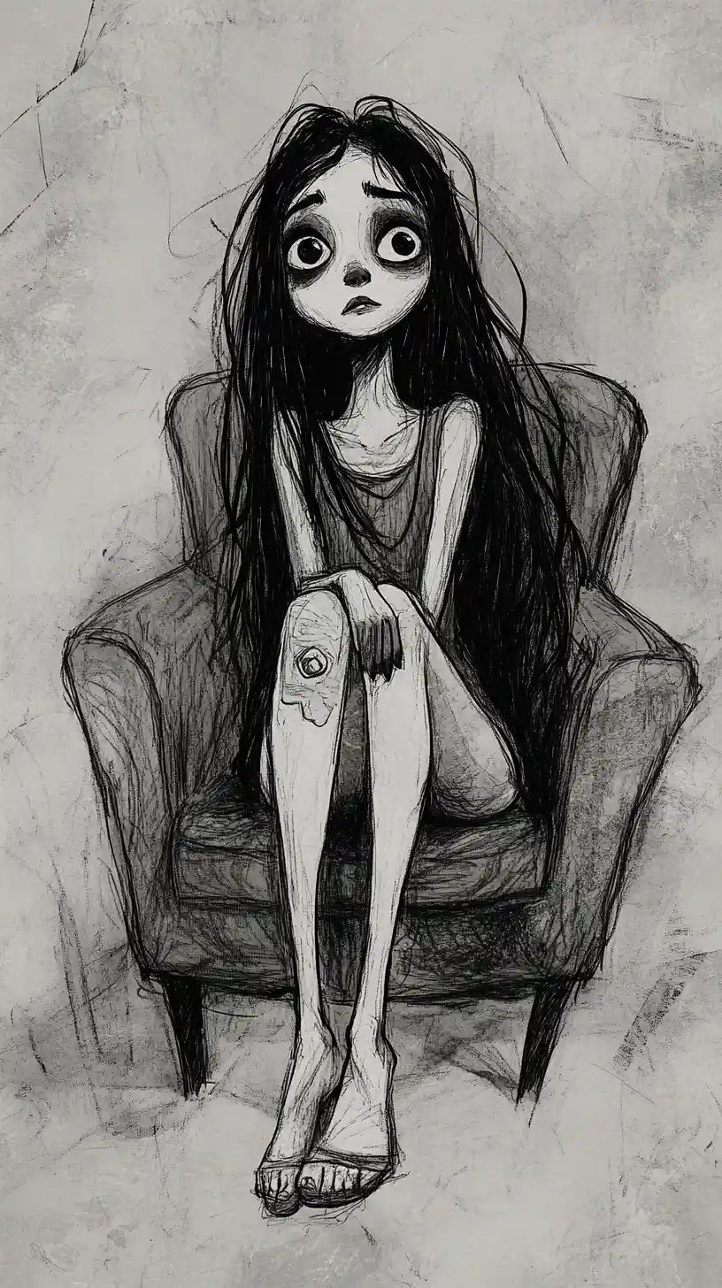 Ilustração em tinta atmosférica de uma jovem em uma cadeira moderna