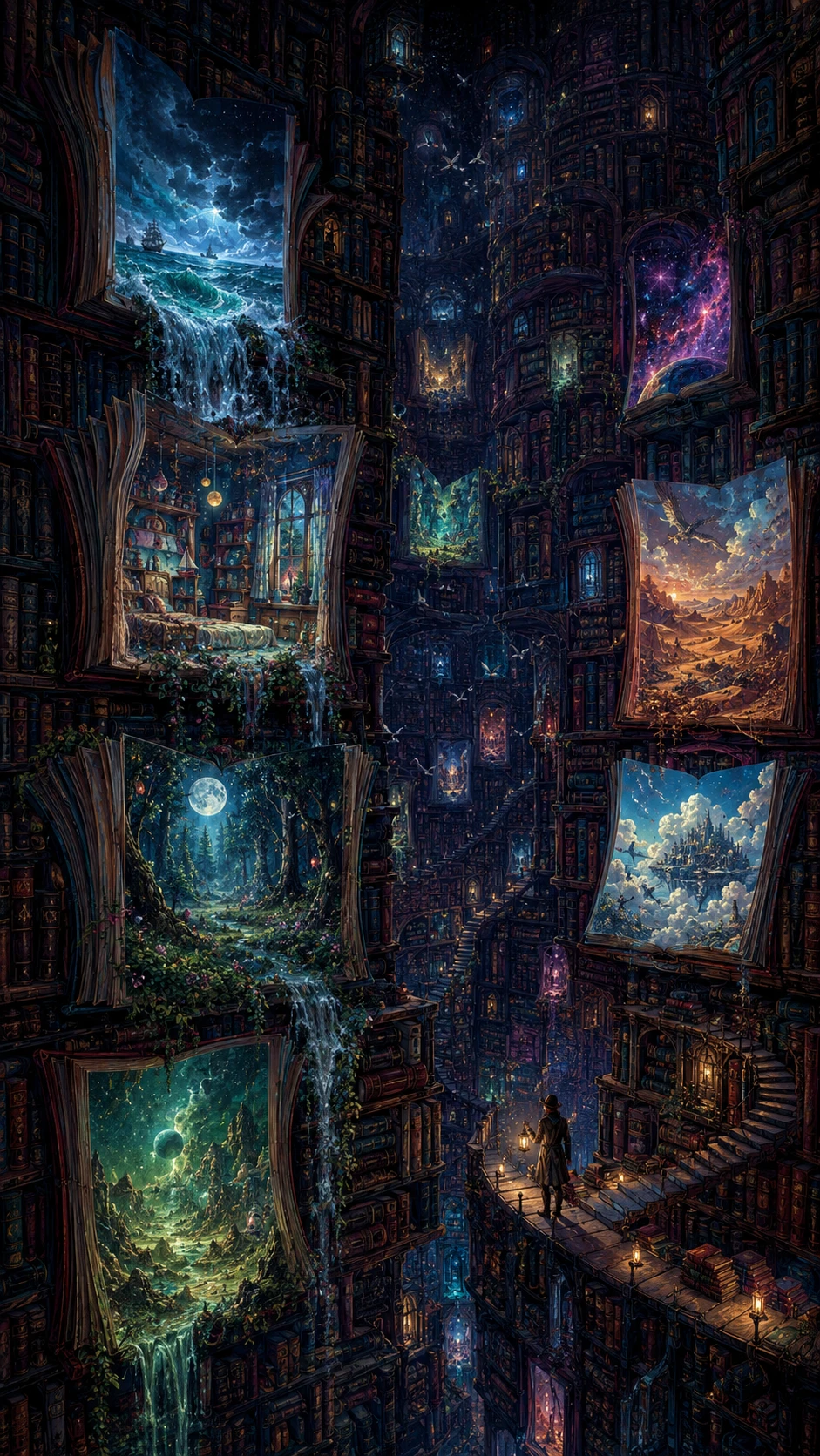 Biblioteca de fantasia infinita com mundos e livros luminosos