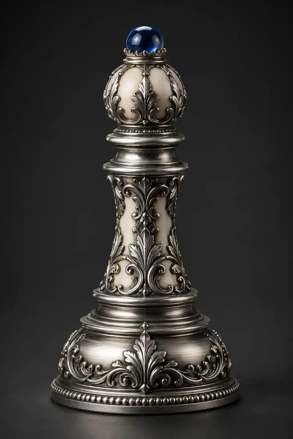 Ornate silver chess pawn with blue gemstone accent