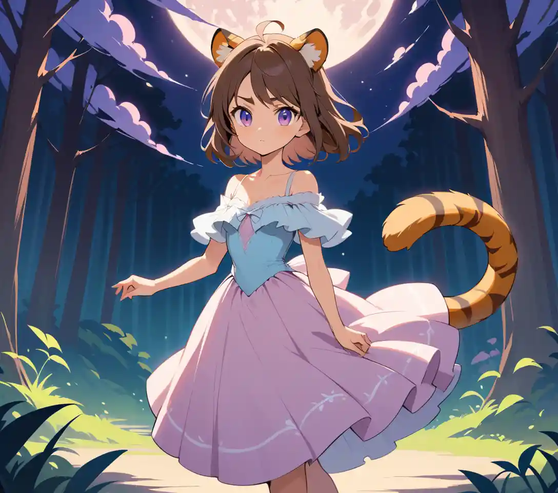 Donna con orecchie da tigre in una foresta mistica illuminata dalla luna