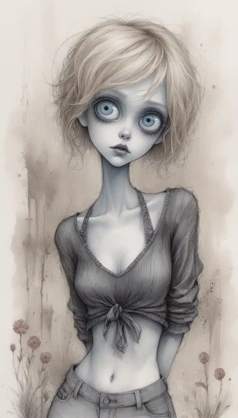 Gothic girl with large pale eyes in ink illustration