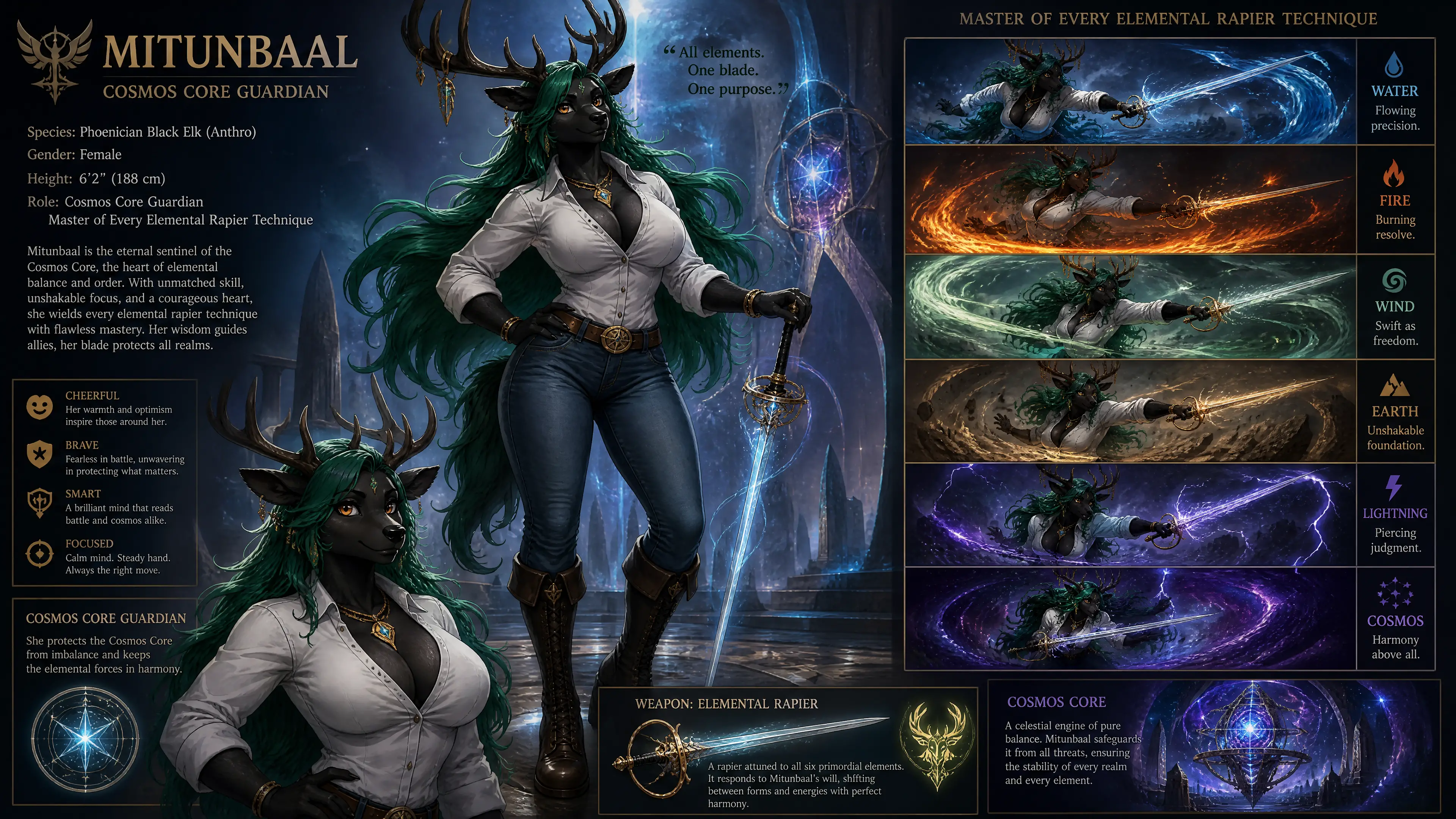 Fantasy elk woman guardian with emerald hair and rapiers