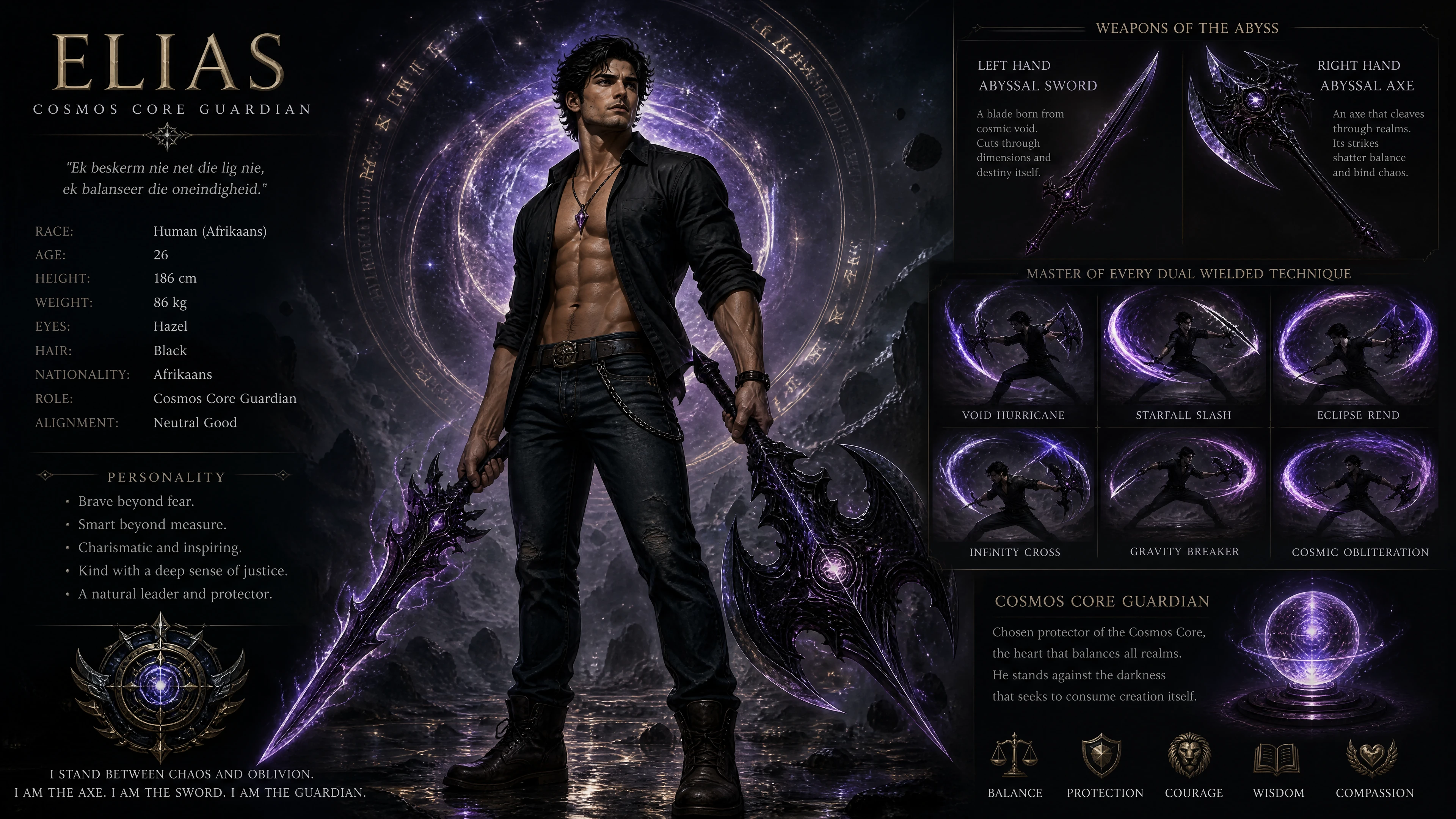 Heroic cosmic guardian with sword and axe in space
