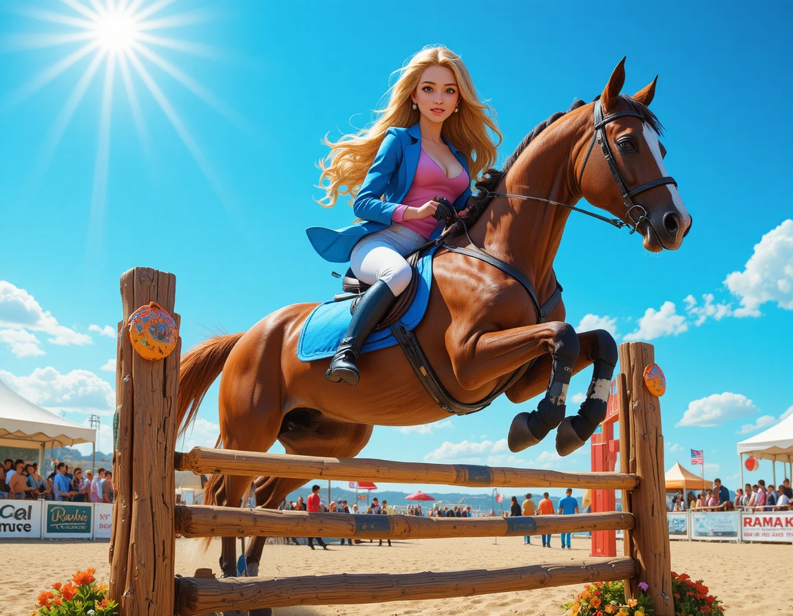 Menina saltando com cavalo castanho ao sol