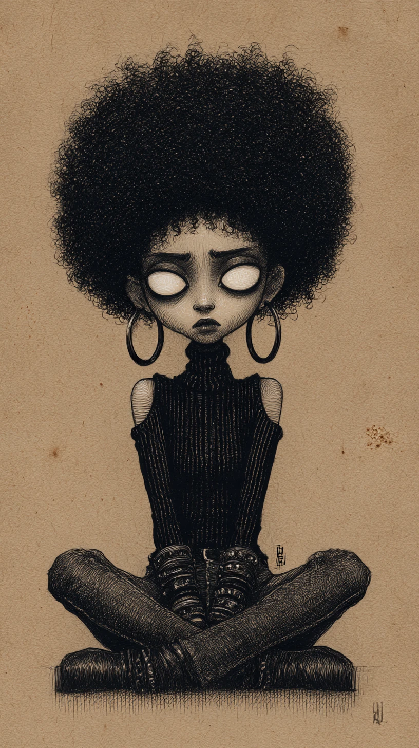 Desenho gótico de uma mulher sentada com grandes olhos brancos