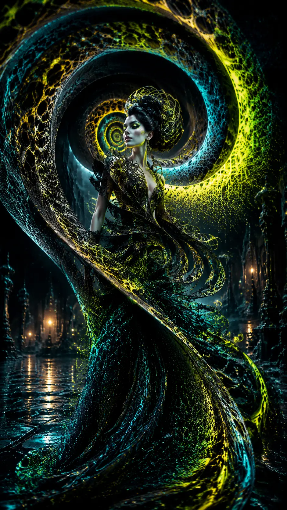 Mulher de alta-costura surreal emergindo de uma espiral impossível