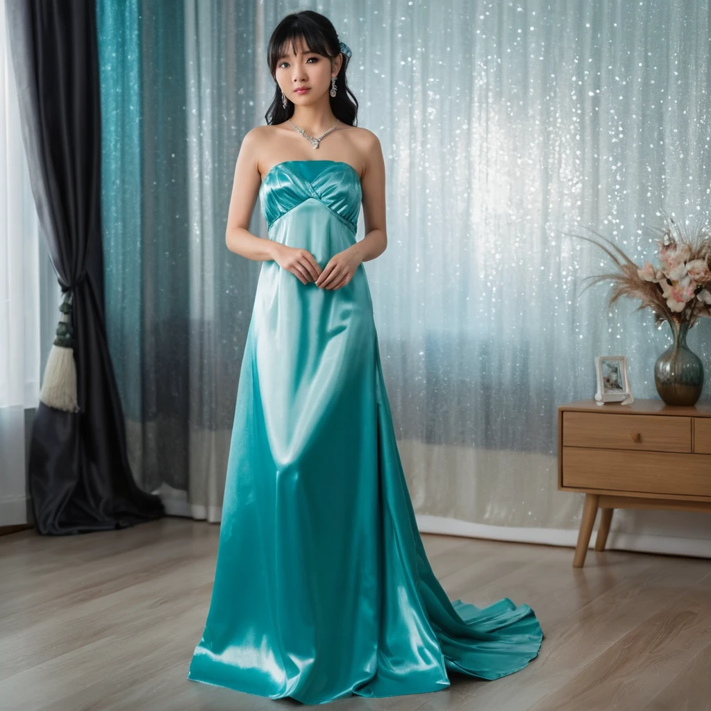 Garota elegante em vestido de cetim brilhante em pé no quarto