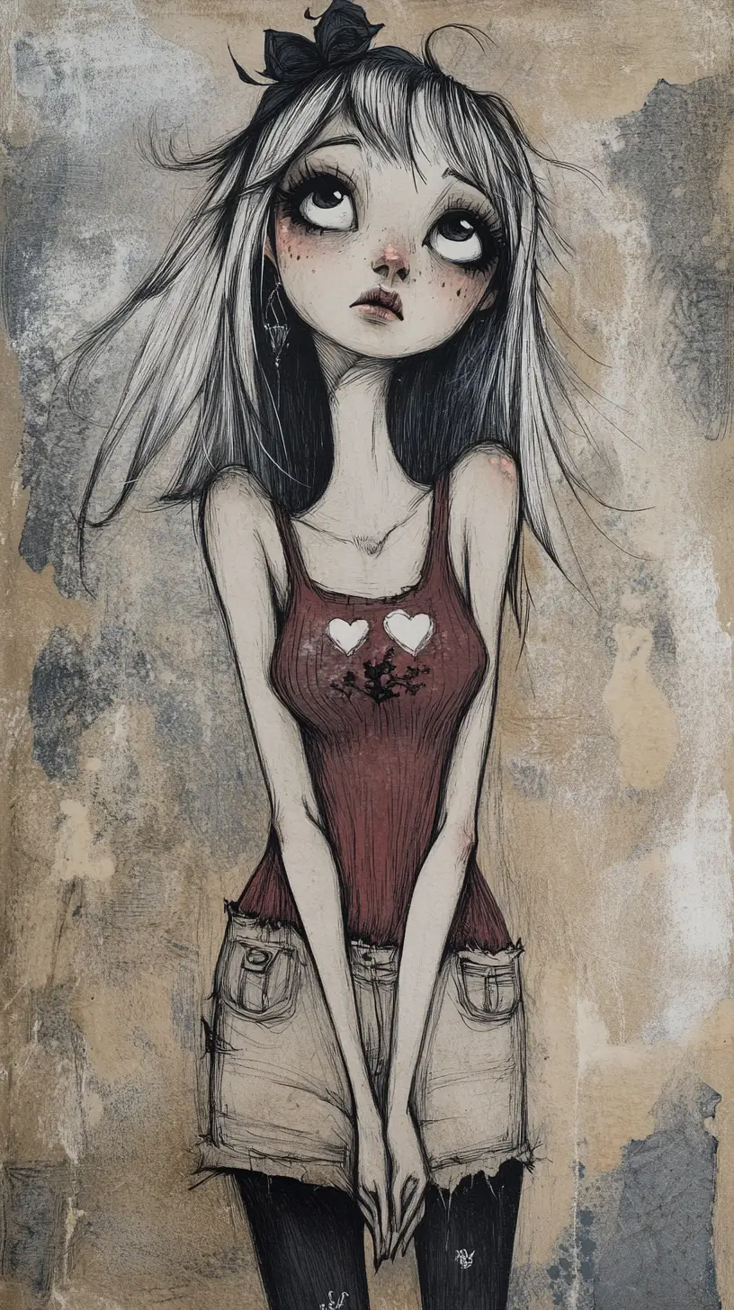 Gothic woman with elongated body in textured charcoal illustration