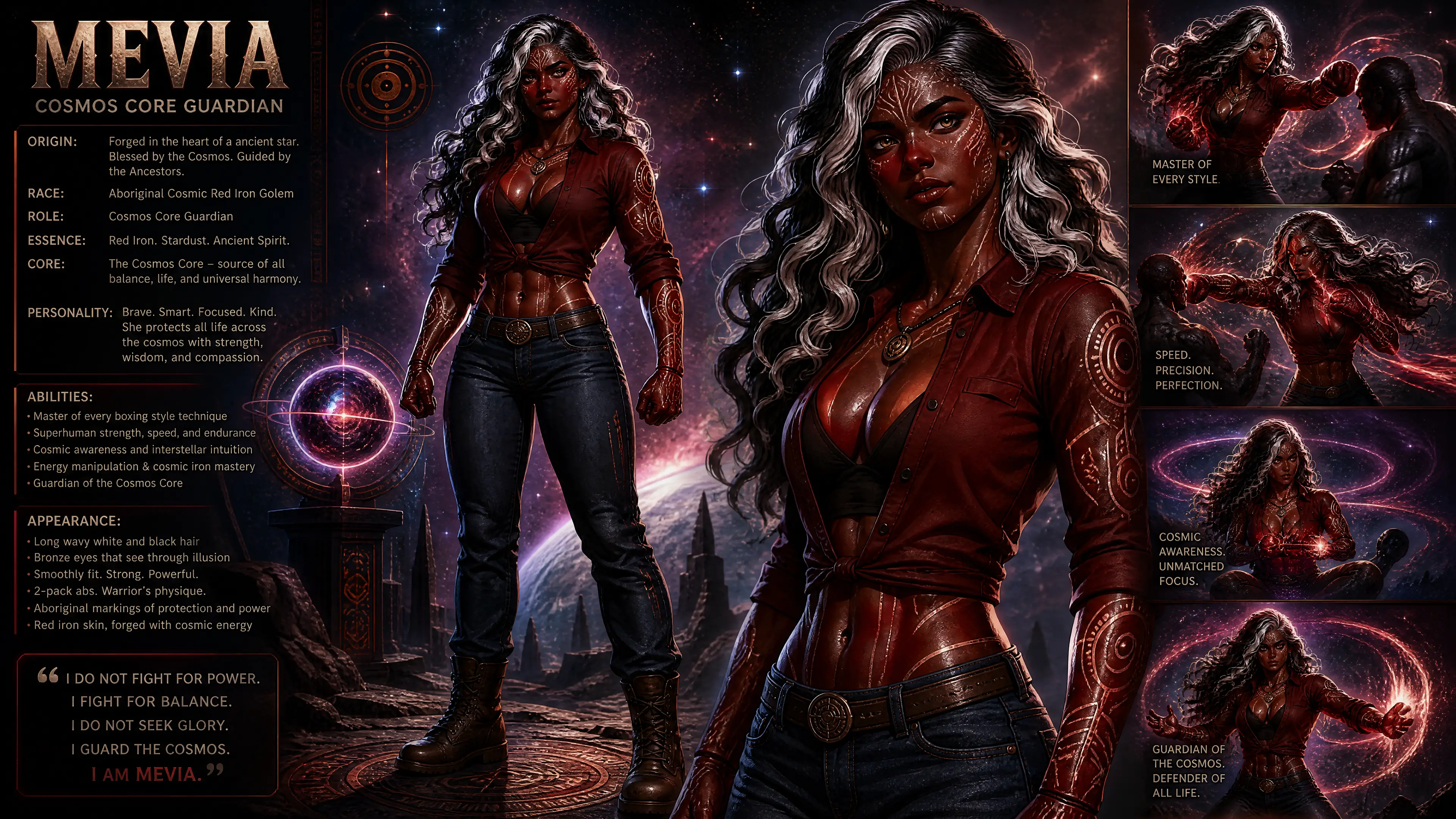 Cosmic guardian woman with iron golem body in jeans