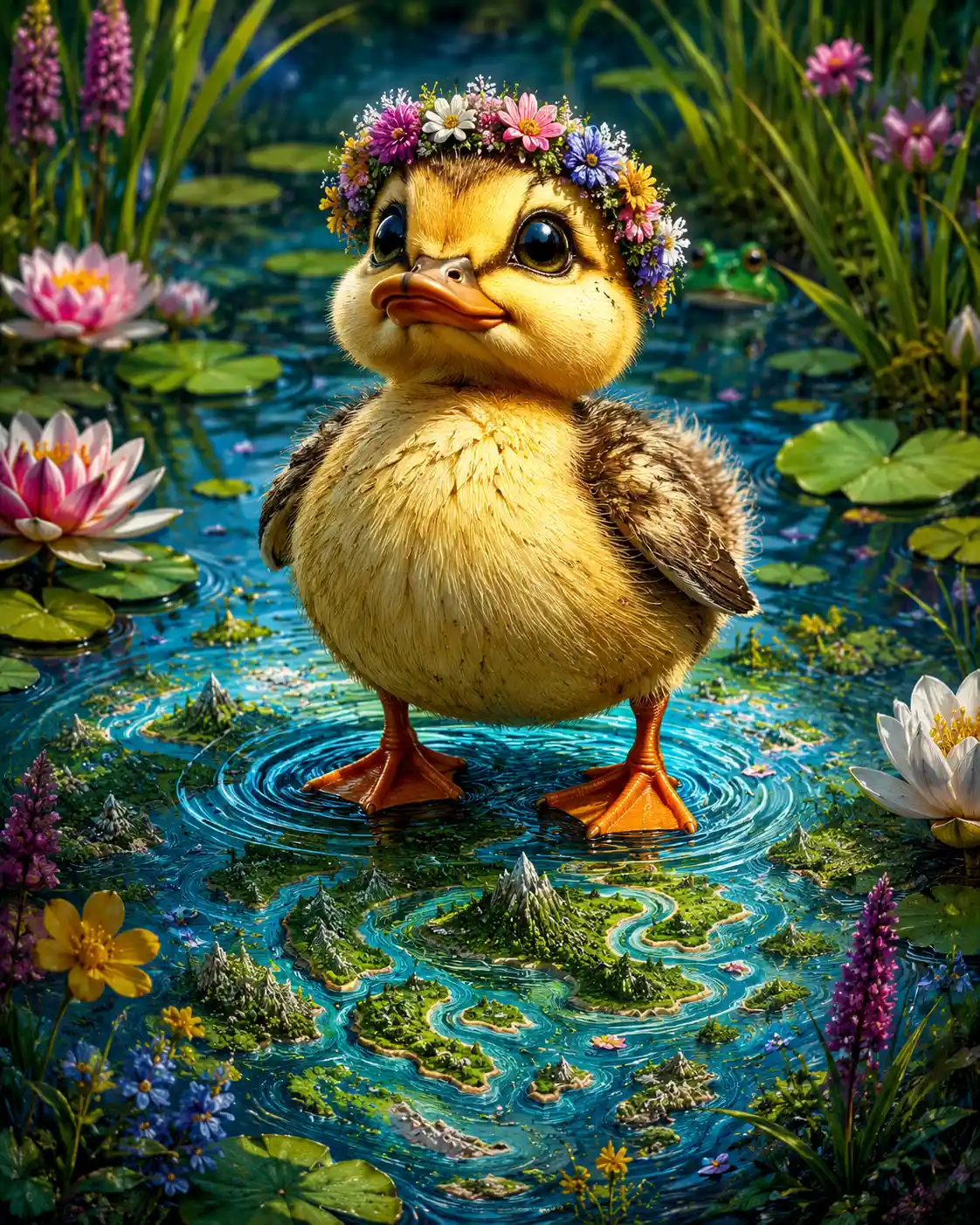 Dolce papera cartoon con corona di fiori in uno stagno