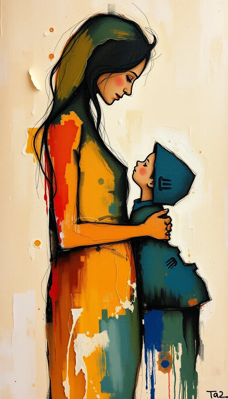 Pintura abstrata de devoção familiar com pais e bebê