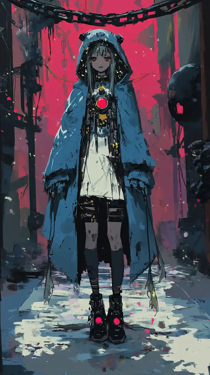 Anime girl in blue hooded coat with scarred golden eyes