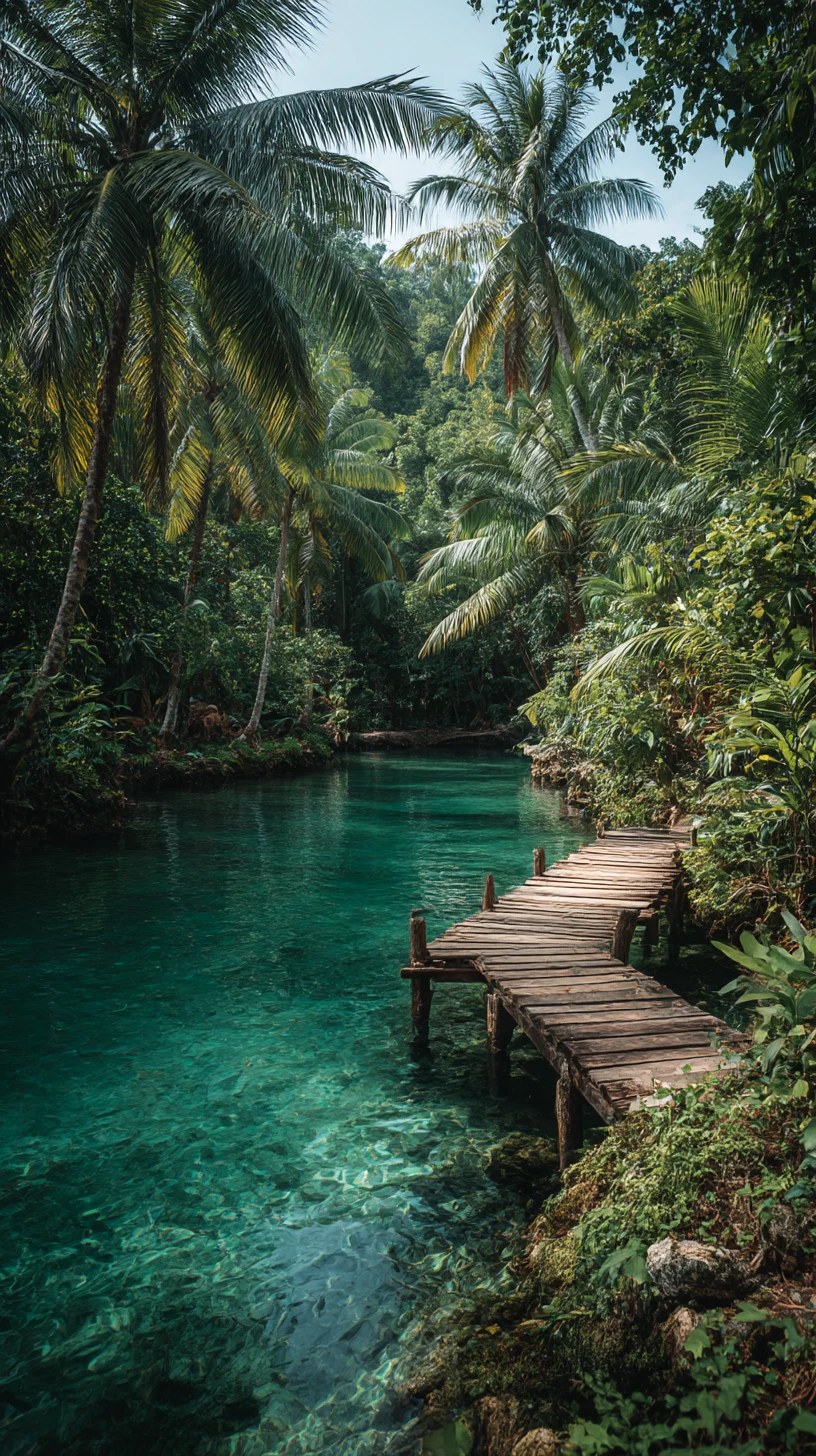 Hidden tropical lagoon with emerald water and dock