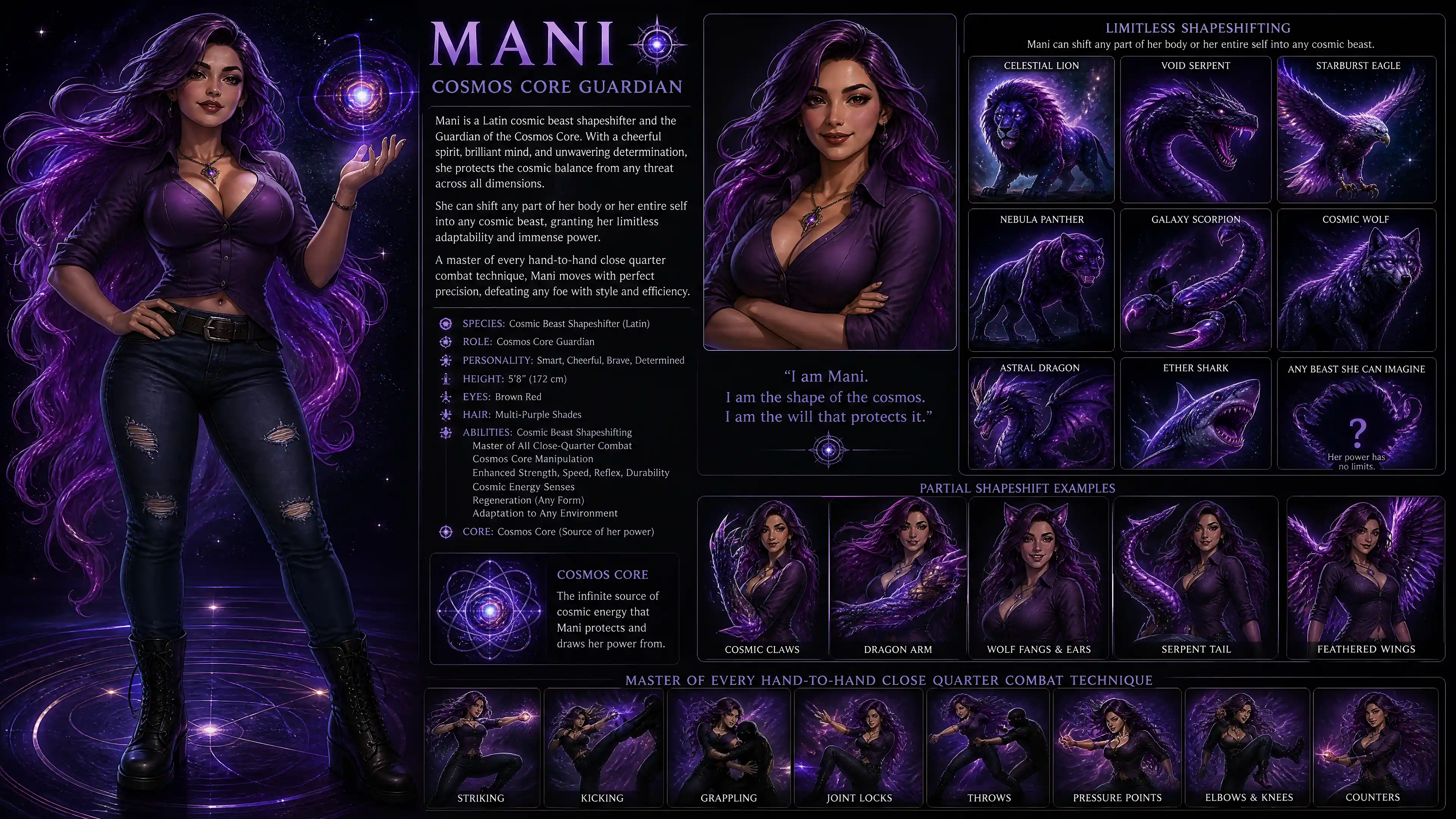 Cosmic shapeshifter woman with purple hair in casual outfit