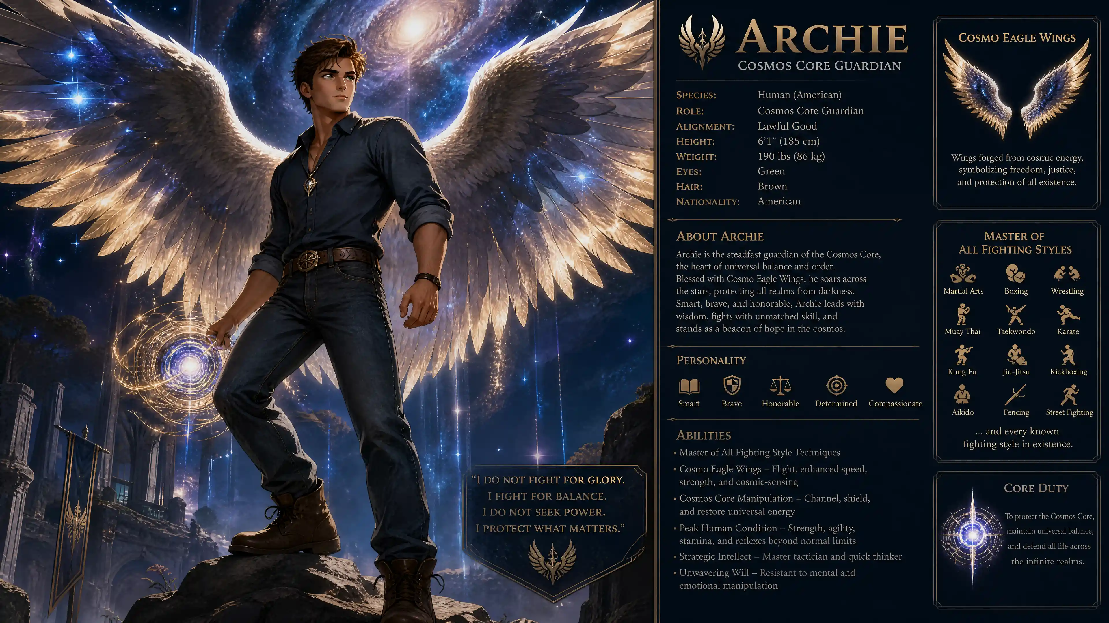 Heroic cosmic guardian with vast eagle wings in jeans