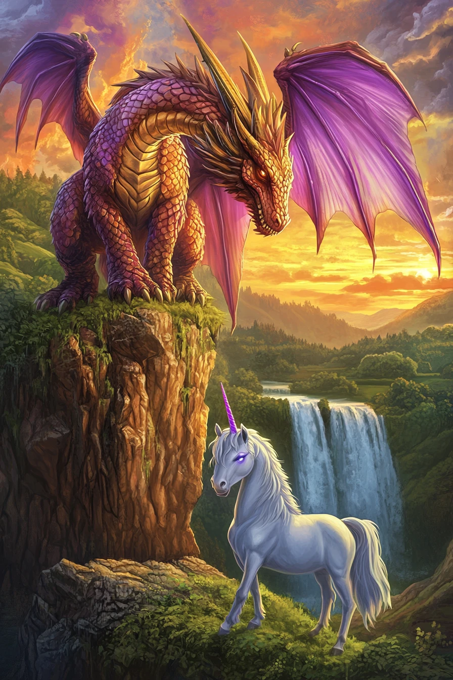 Dragão dourado e violeta encarando unicórnio em uma colina gramada